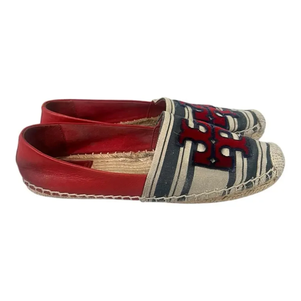 Tory Burch Ines Espadrille Women's Size 7.5 Fil Striped Coupe Red Blue